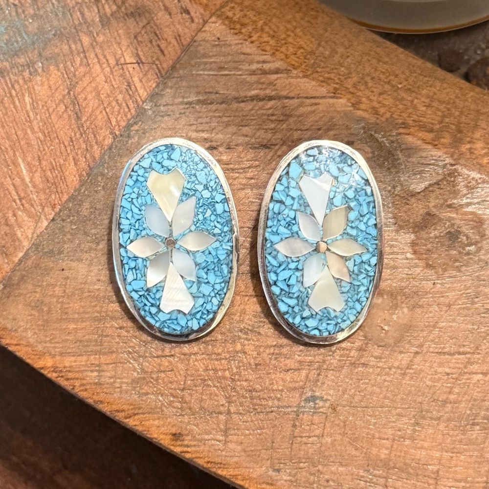 Vintage Sterling Alpaca Mexico Clip in Mother of Pearl Turquoise Earrings